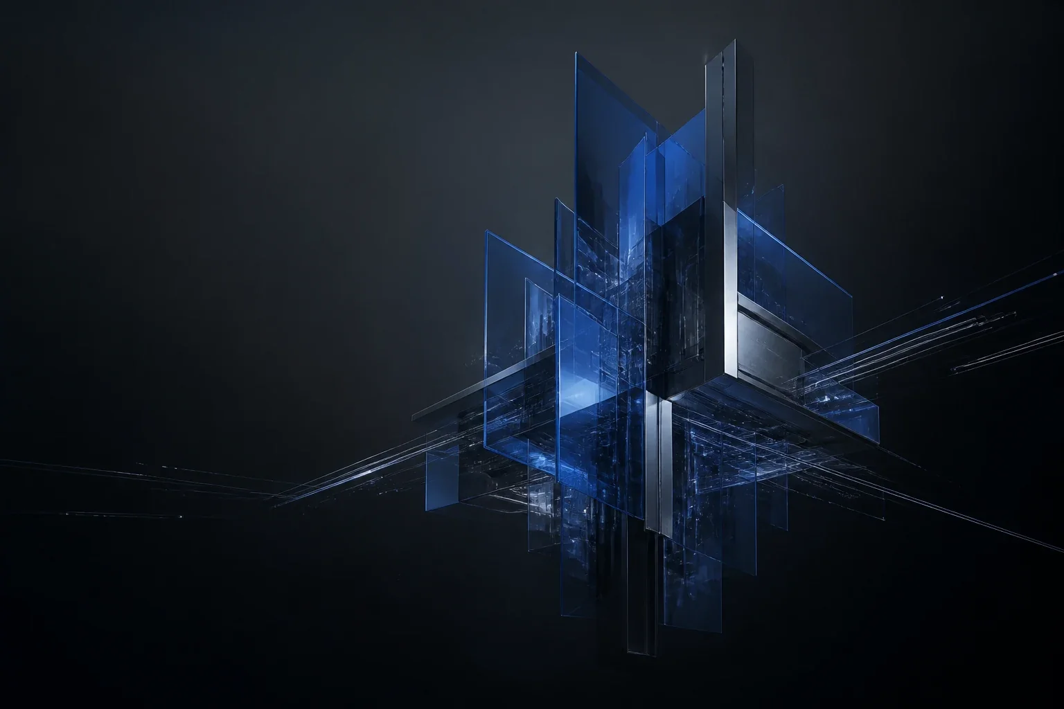 Arquitectura modular de vidrio azul donde convergen múltiples señales